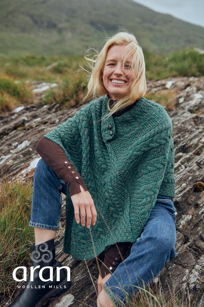 Buy Green Cable knit Poncho | The Sweater Shop