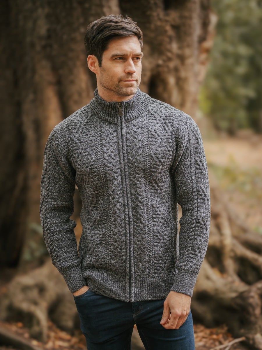 Mens Full Zip Cardigan Lambswool Beige | The Sweater Shop