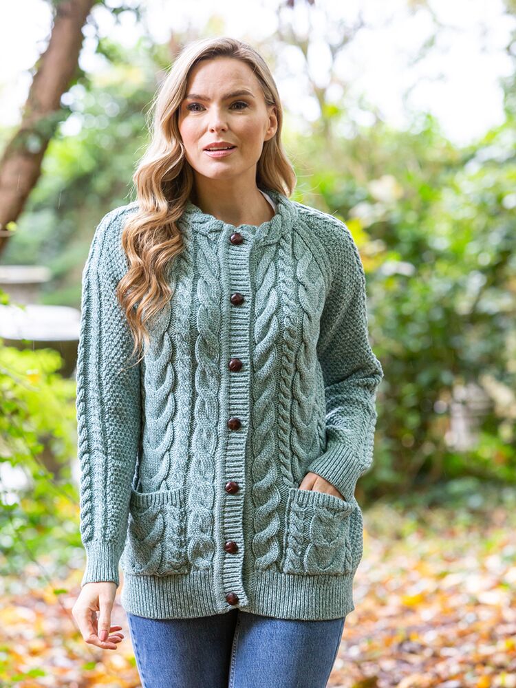 Irish Aran Lumbar Cardigan Aqua The Sweater Shop