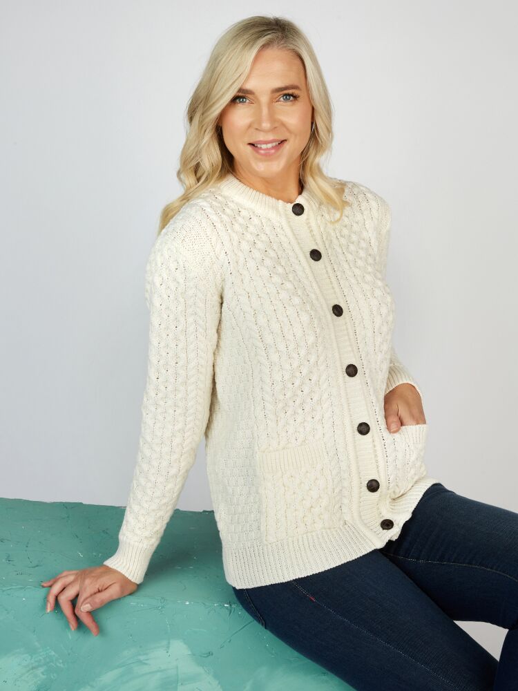 Irish Aran Lumber Cardigan Natural The Sweater Shop