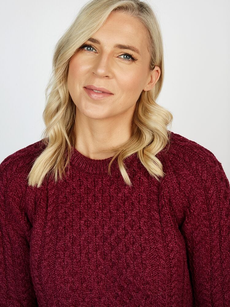 Ladies Aran Sweater Raspberry The Sweater Shop