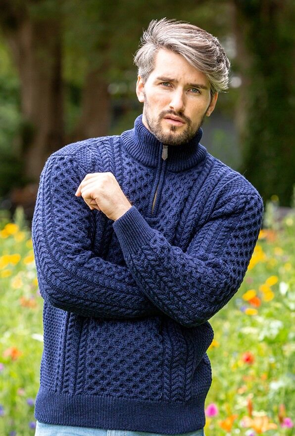 Mens Aran Half Zip Neck Sweater Blue The Sweater Shop