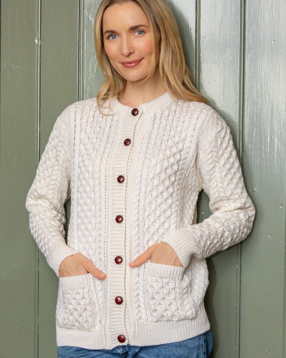 Irish Aran Lumber Cardigan Natural The Sweater Shop