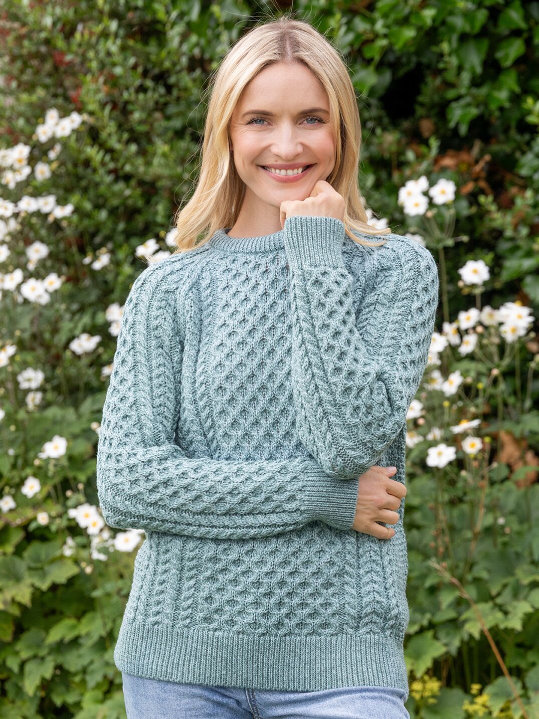 Ladies Aran Sweater Aqua The Sweater Shop