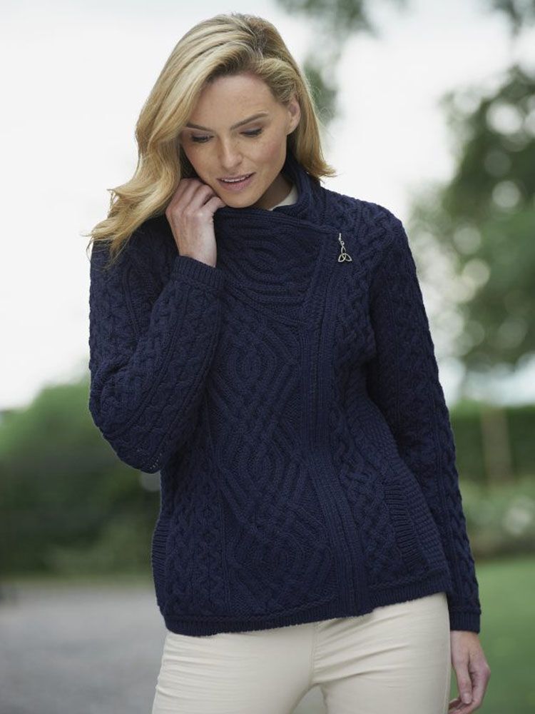 Cable knit Side Zip Cardigan Navy The Sweater Shop