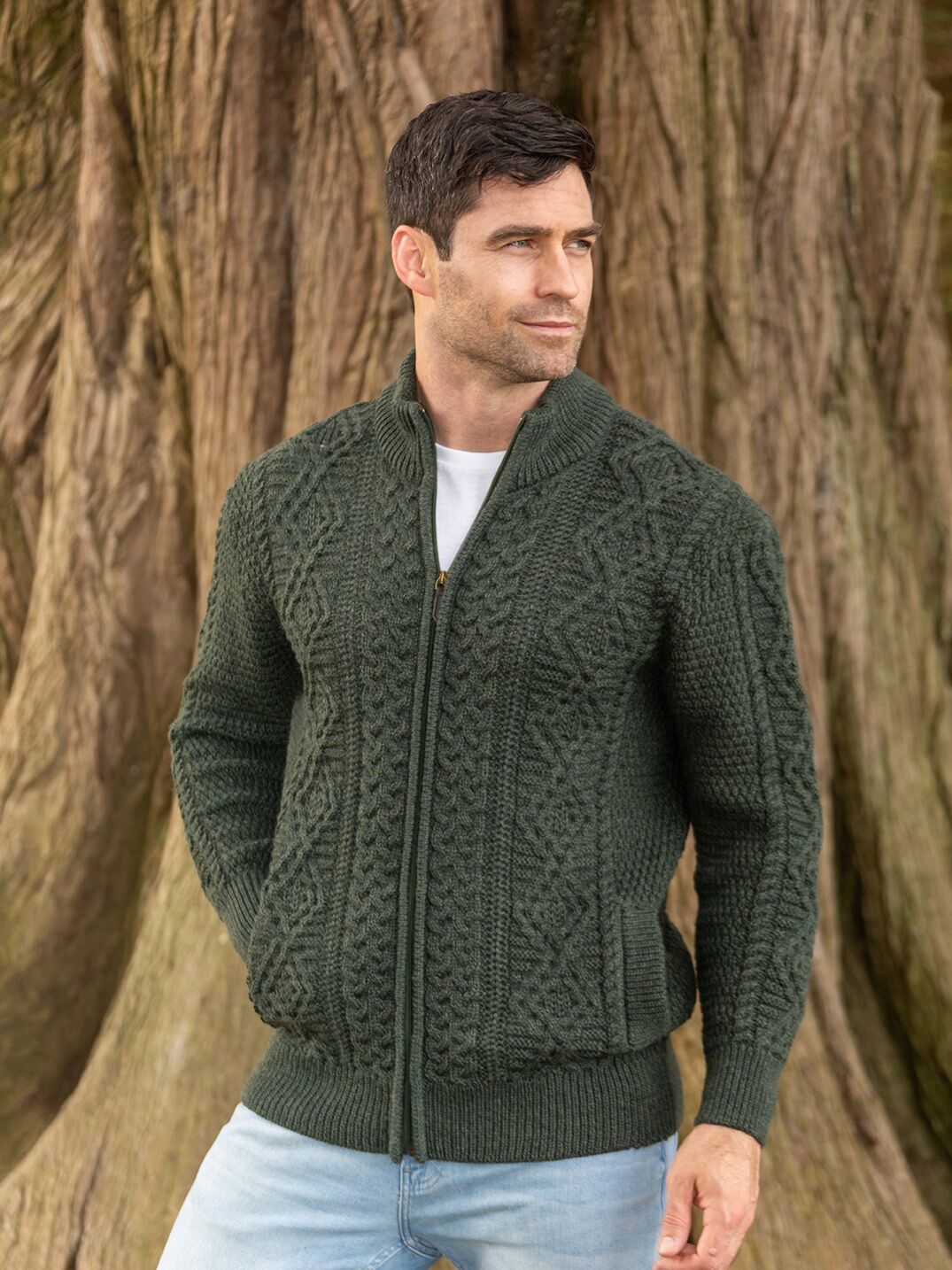 Full Zip Mens Aran Cardigan Army Green The Sweater Shop