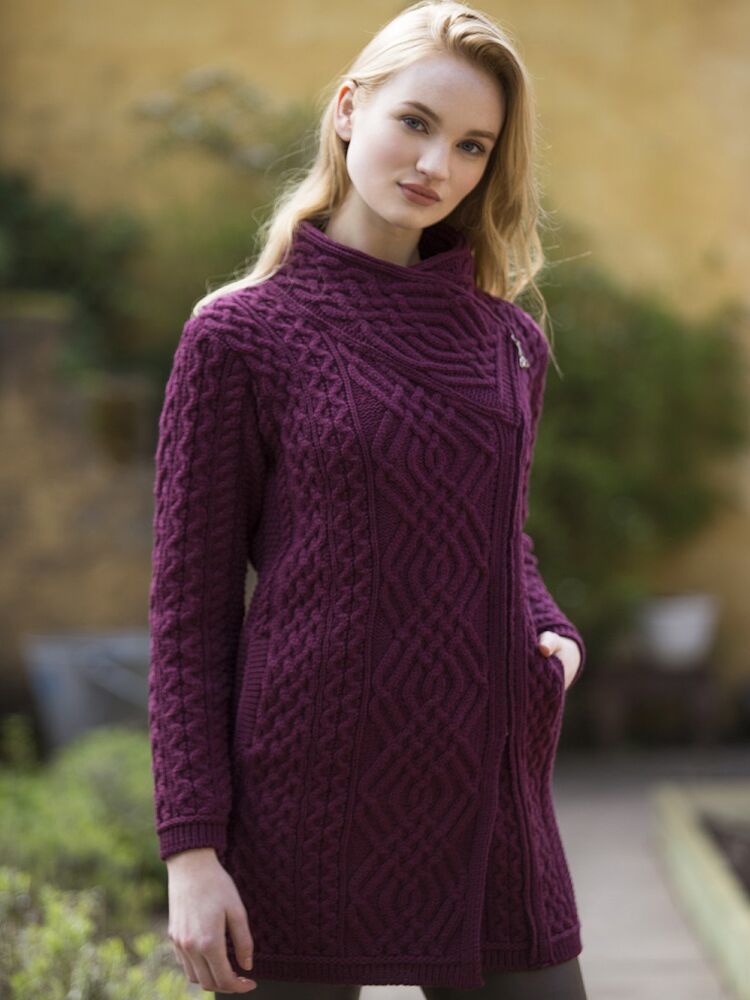 Womens Aran sweater Coat side zip The Sweater Shop