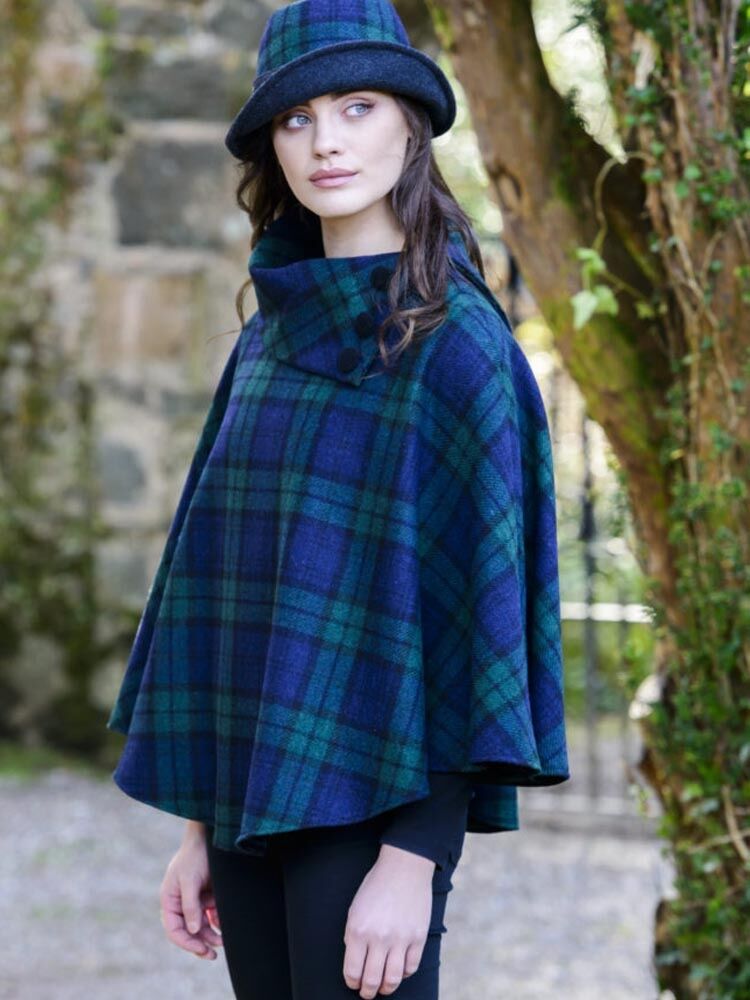Mucros Tweed Poncho Navy and Green The Sweater Shop