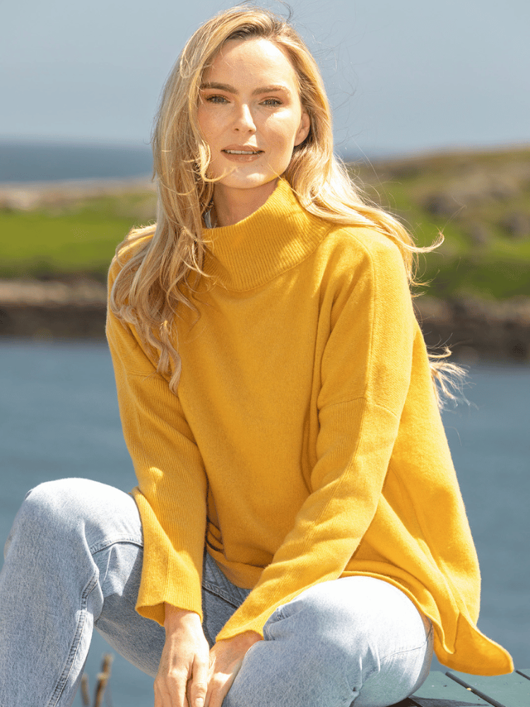 Merino Wool Cashmere High Neck Sweater Mustard