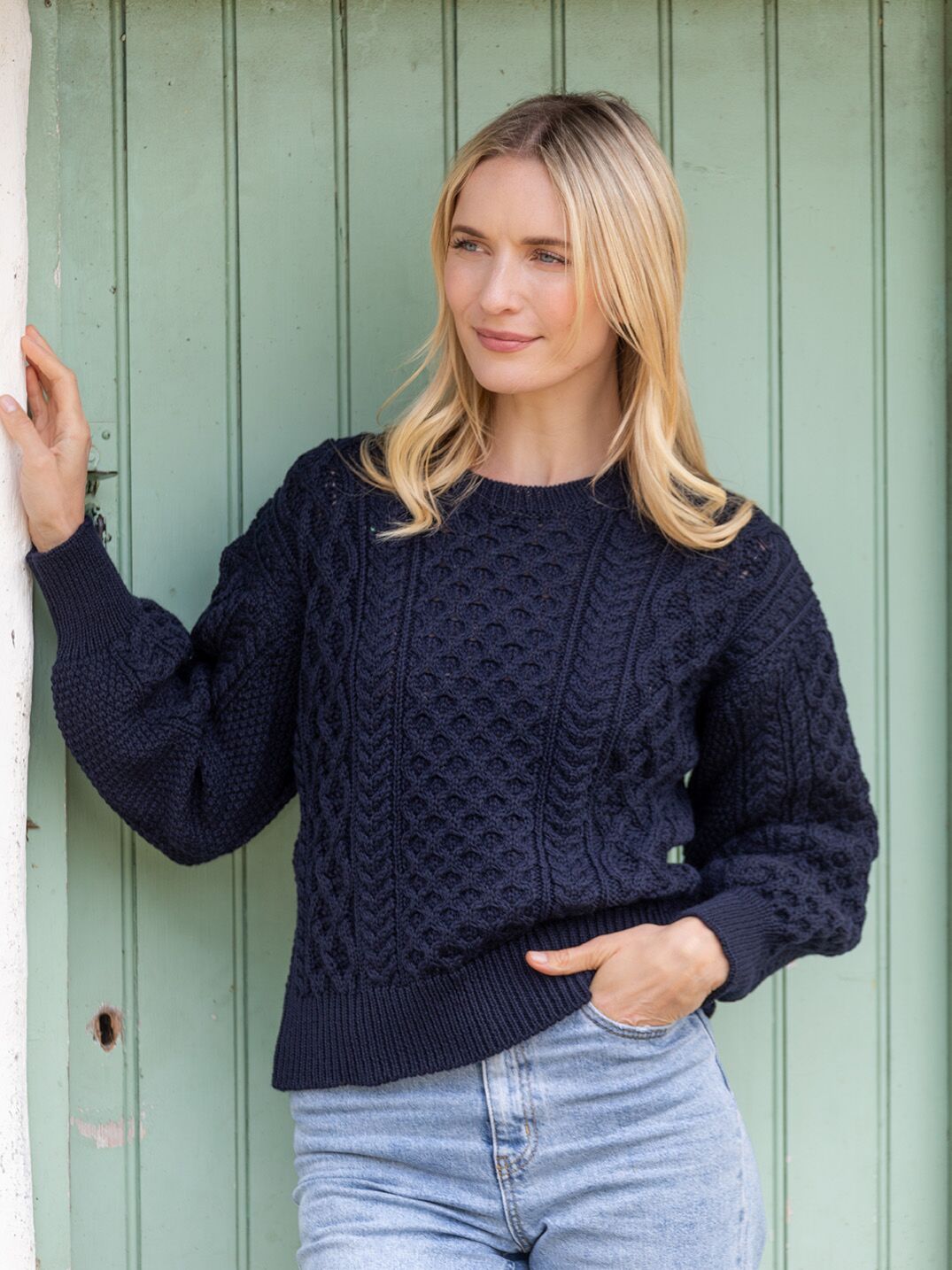 Honeysuckle Cropped Aran Sweater Navy