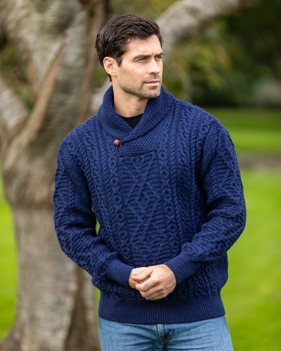 Navy blue shawl collar sweater clearance