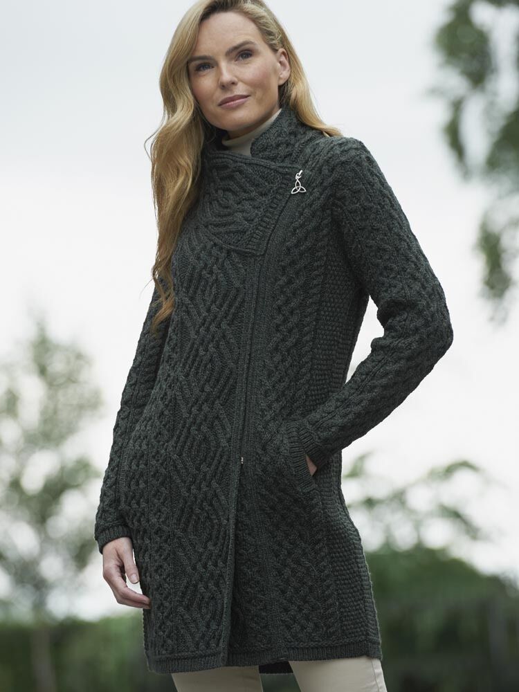 Womens Aran sweater Coat side zip The Sweater Shop