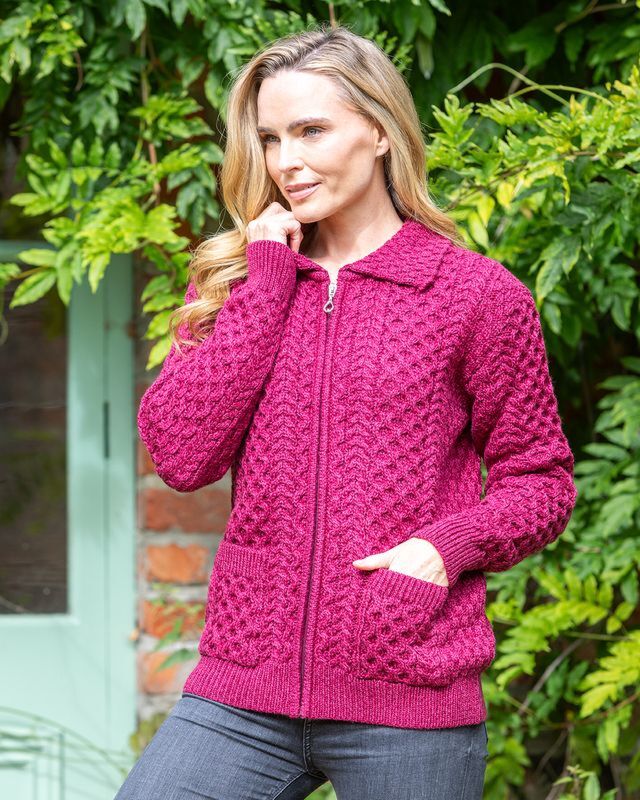 Irish Aran Zip with Collar Raspberry | The Sweater Shop