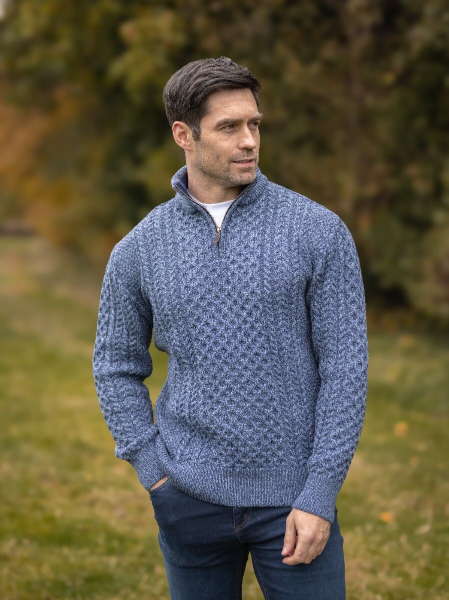 Mens Aran Half Zip Neck Sweater Denim Marl | The Sweater Shop