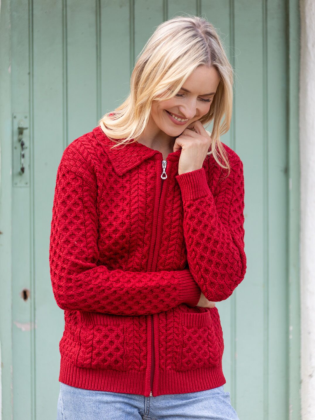 Irish Aran Zip Cardigan with Collar - Red