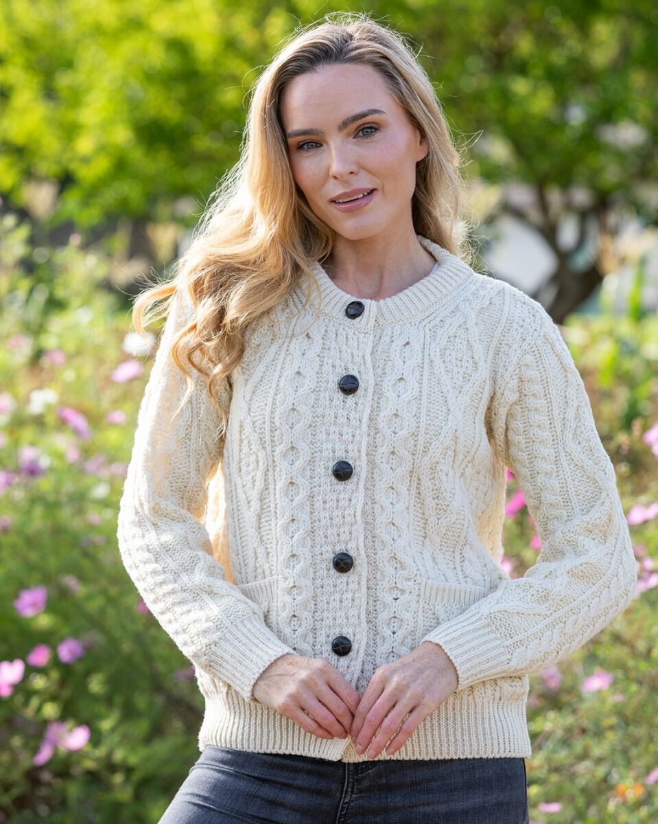 100% Wool Aran Cropped Cardigan - Natural