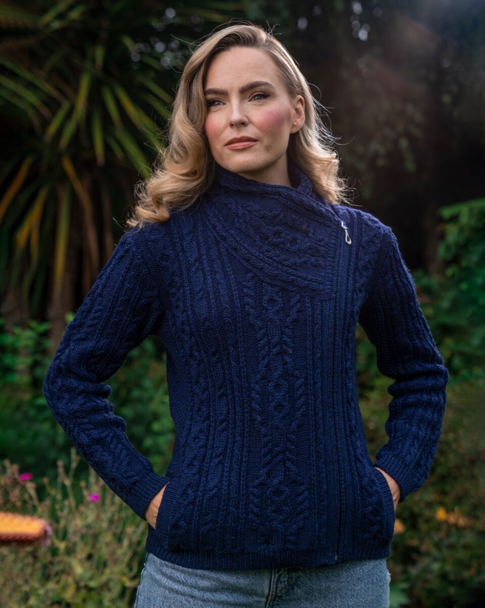 Aran Cable Knit Side Zip Deep Water Blue | The Sweater Shop