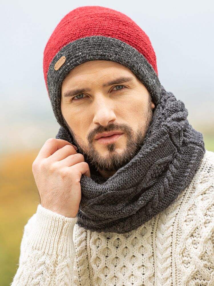 Mens Crochet Hat Red and Charcoal Rim