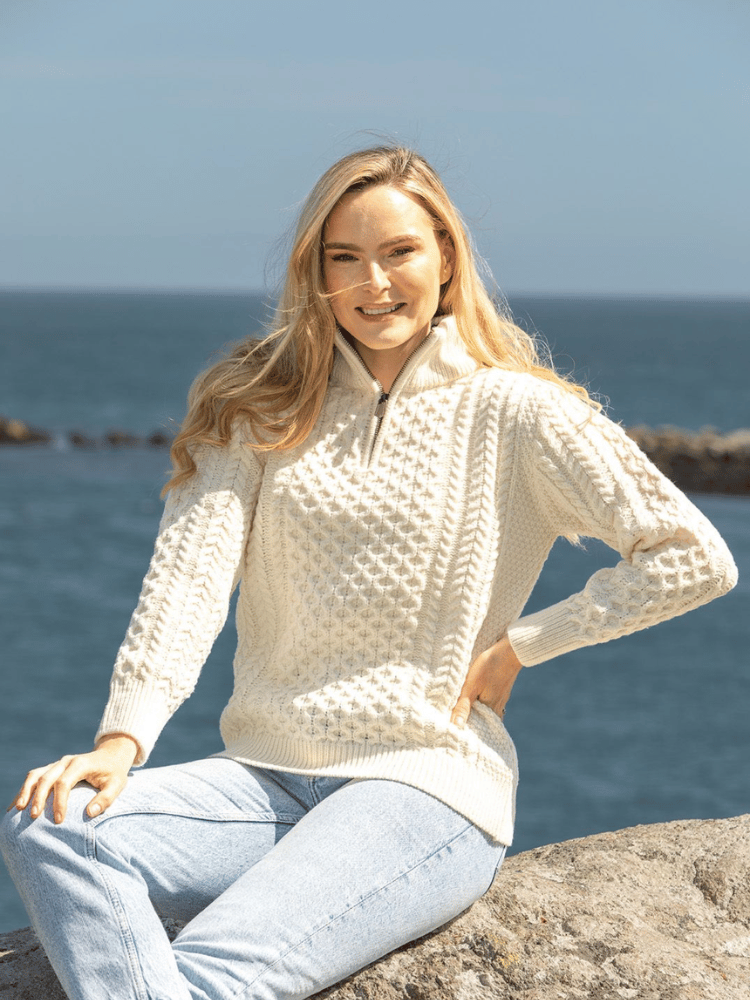 Unisex Half Zip Merino Wool Sweater Natural