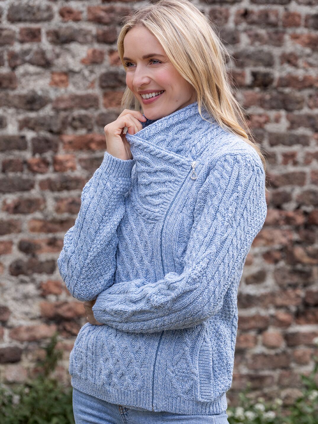 Aran Cable Knit Side Zip Baby Blue | The Sweater Shop