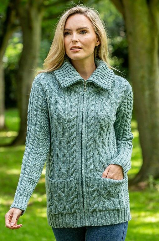 Full Zip Fitted Aran Cardigan Aqua The Sweater Shop