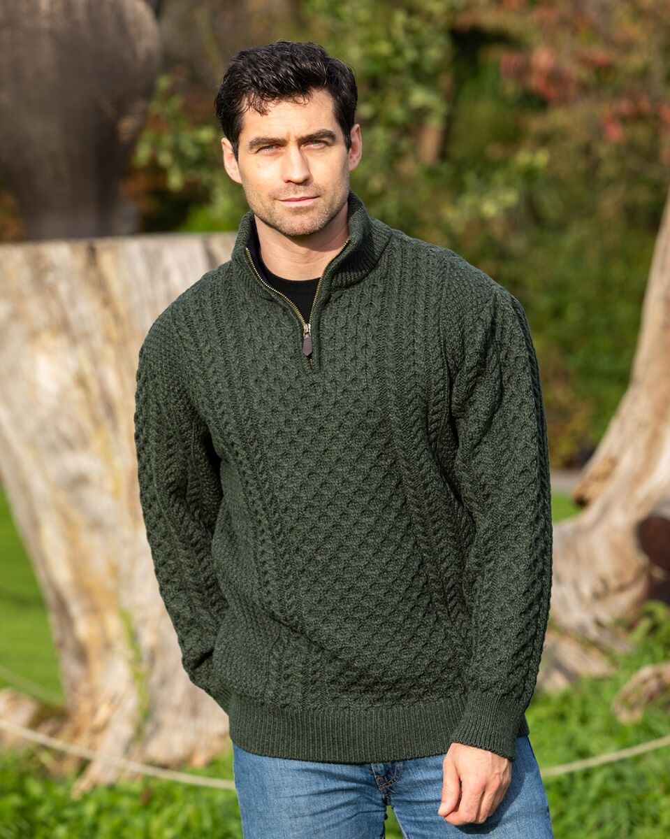 Mens Aran Half Zip Neck Sweater Green The Sweater Shop