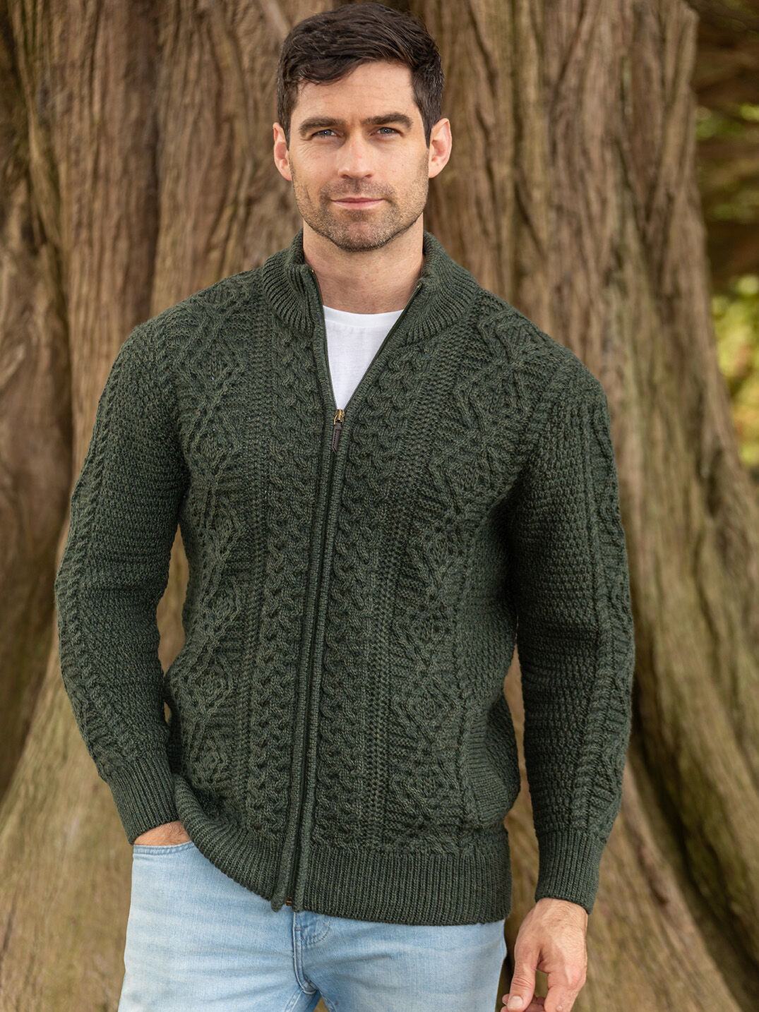 Full Zip Mens Aran Cardigan Army Green
