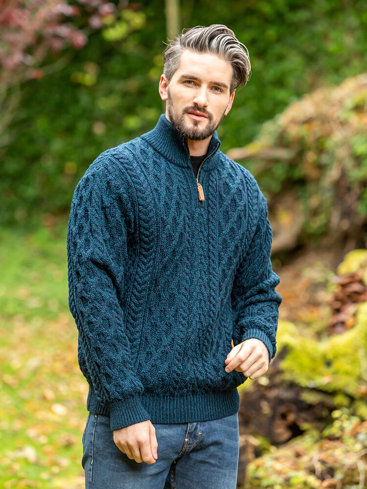 Men s Merino Wool Half Zip Aran Sweater The Sweater Shop