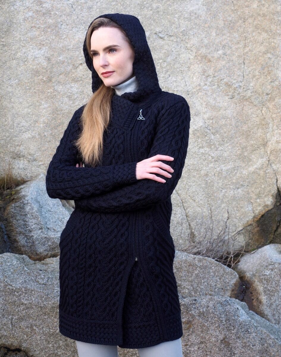 Long Heart Design Hooded Coat Navy The Sweater Shop