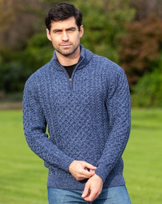 Mens Aran Half Zip Neck Sweater Denim Marl | The Sweater Shop