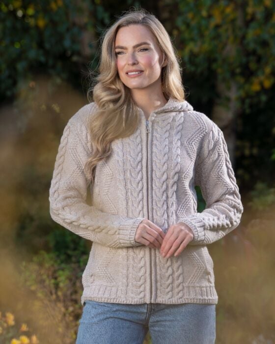 unforgivable Cloudy Roadblock Ladies Aran Hooded Cardigan with Claddagh Zip - Parsnip | The Sweater Shop