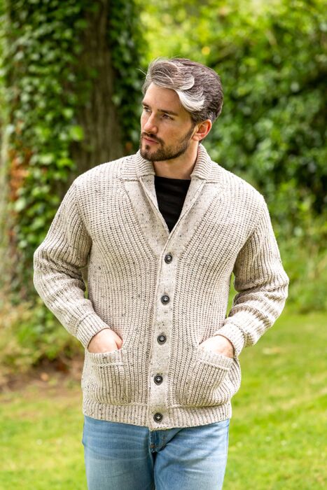 Mens Full Zip Irish Wool Cable Knit Cardigan