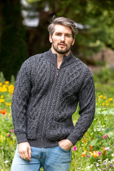 Men's Merino Wool Full Zip Aran Cardigan | The Sweater Shop