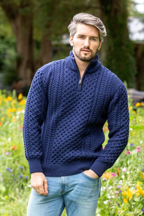 Mens Aran Half Zip Neck Sweater Blue | The Sweater Shop