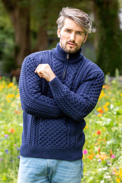 Mens Aran Half Zip Neck Sweater Blue | The Sweater Shop