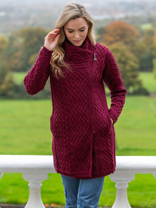 Side Zip Aran Coat Burgundy