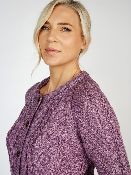 Irish Aran Fittet Cardigan Lavender The Sweater Shop