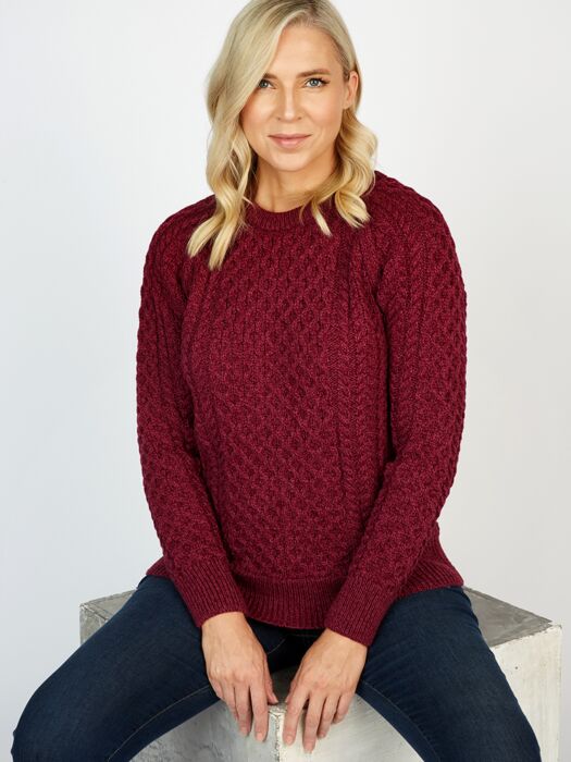 Ladies Merino Wool Fitted Aran Sweater Raspberry