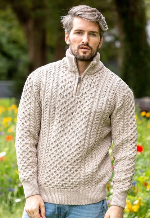 Mens Aran Half Zip Neck Sweater Beige | The Sweater Shop