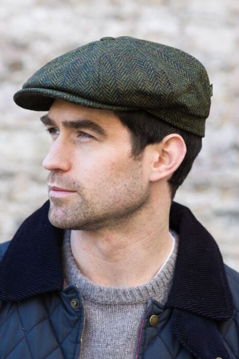 Mens Driving Cap Green Herringbone | The Sweater Shop