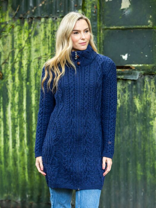 Women s Long Fitted Aran Coat Deep Water Blue The Sweater Shop