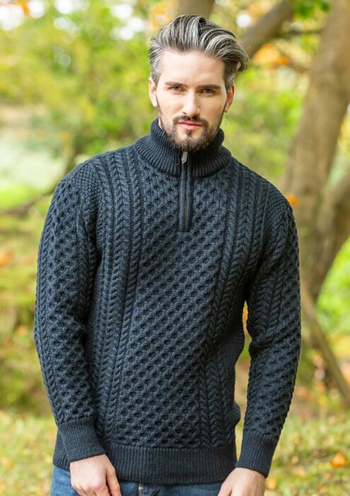 Mens Aran Half Zip Neck Sweater Blackwatch | The Sweater Shop