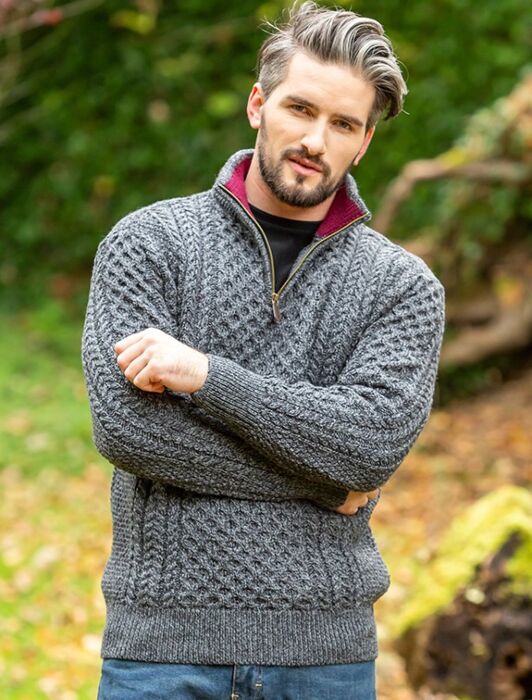 Aran Half Zip - 2507 Charcoal collar | The Sweater Shop