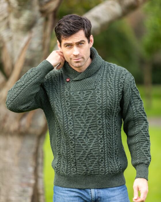 Aran Shawl Neck Sweater Army Green | The Sweater Shop