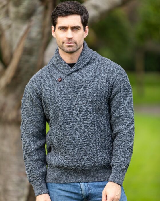 Shawl Neck Aran Sweater Slate | The Sweater Shop