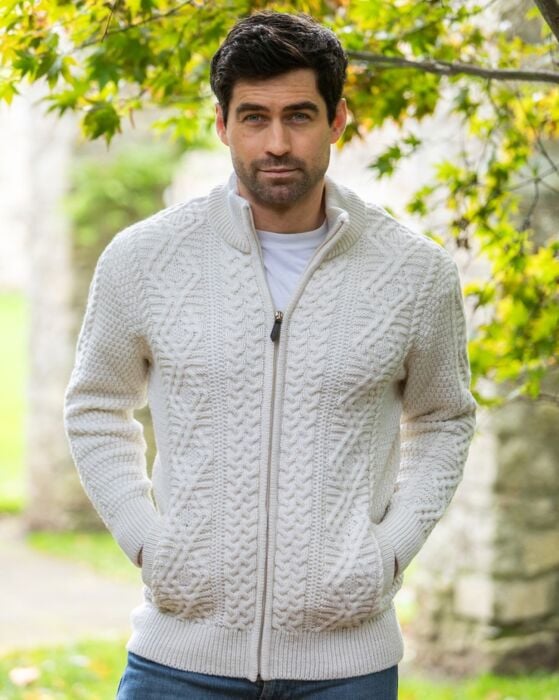 Mens Fisherman Merino Wool Sweater Natural