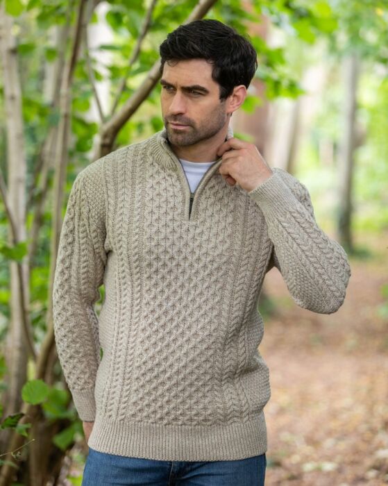 Mens Aran Half Zip Neck Sweater Beige | The Sweater Shop