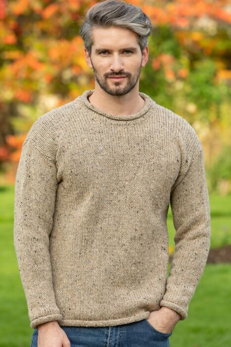 Roll Neck Sweater Men, Aran Fisherman Sweater, Mens