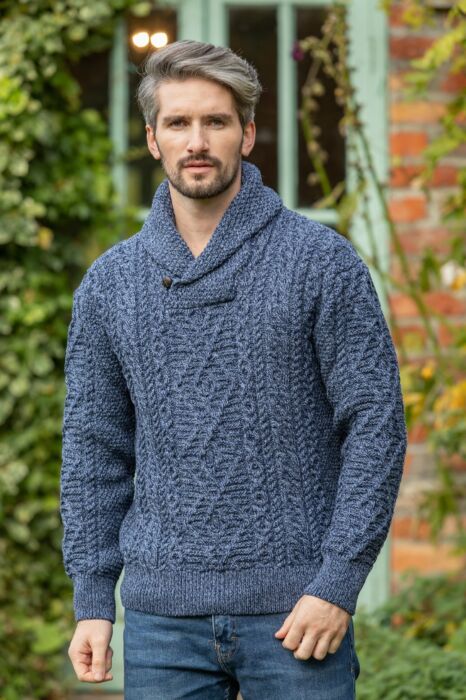 Aran Shawl Neck Sweater Denim | The Sweater Shop