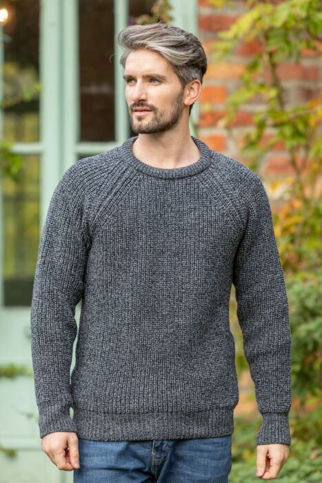 Blue Pure Wool Ribbed Fisherman Sweater